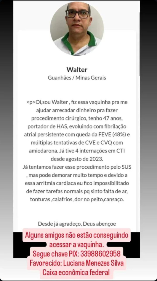 Guanhanense organiza vaquinha para realizar procedimento cirúrgico e conta com ajuda da população