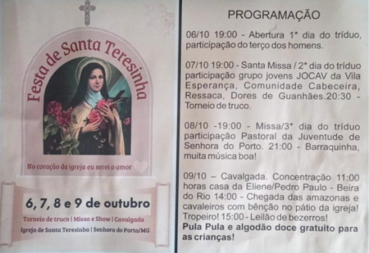 Festa de Santa Terezinha acontece neste final de semana em Senhora do Porto!