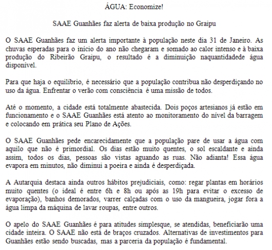 NOTA ENVIADA PELO SAAE GUANHÃES EM 31-01-2019