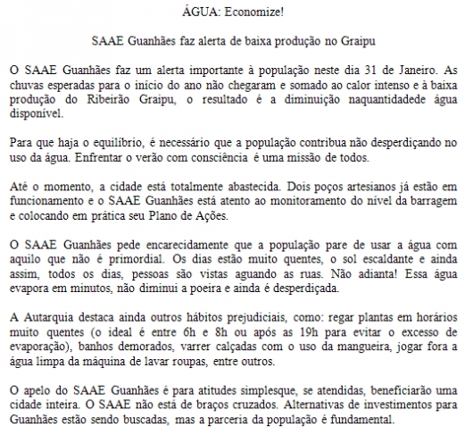 NOTA ENVIADA PELO SAAE GUANHÃES EM 31-01-2019