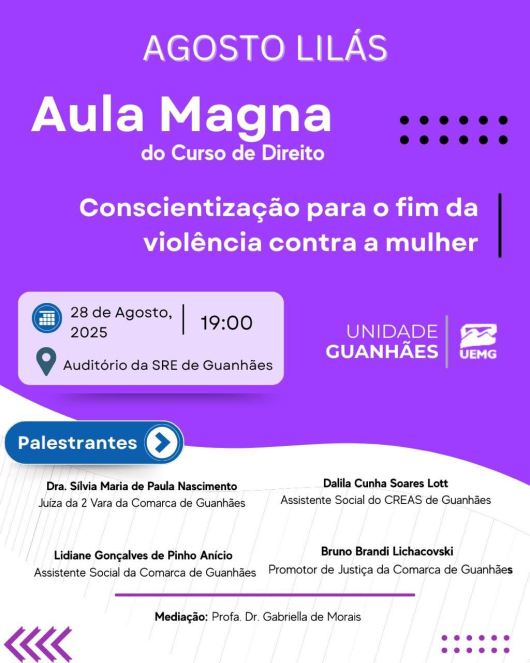 Agosto Lilás será tema de Aula Magna do Curso de Direito da UEMG