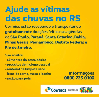 Correios de Guanhães está recebendo doações de donativos para serem enviados para as vítimas das enchentes no Rio Grande do Sul