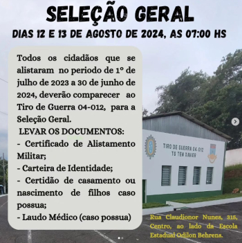ATENÇÃO JOVENS QUE SE ALISTARAM EM GUANHÃES: TG-04012 orienta mais um vez que vocês compareçam à Junta Militar para conhecimento da data da seleção geral