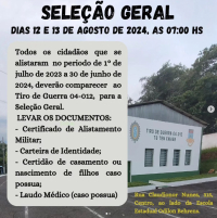 ATENÇÃO JOVENS QUE SE ALISTARAM EM GUANHÃES: TG-04012 orienta mais um vez que vocês compareçam à Junta Militar para conhecimento da data da seleção geral