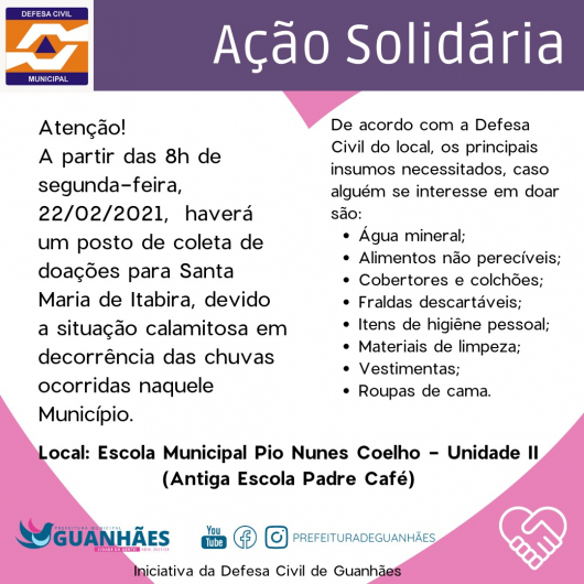 Defesa Civil de Guanhães monta ponto de coleta para arrecadar doações para as vítimas da chuva em Santa Maria de Itabira