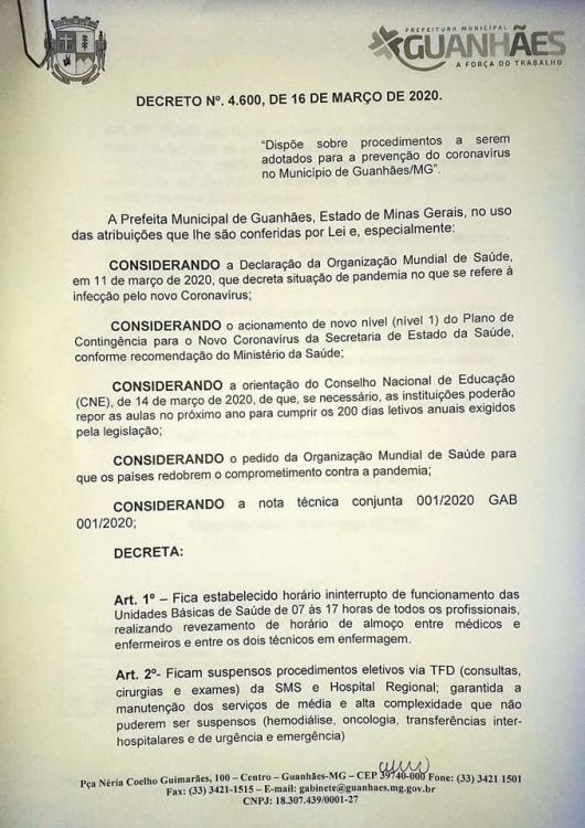 Confira os procedimentos adotados pelo município de Guanhães como medidas de prevenção ao COVID-19