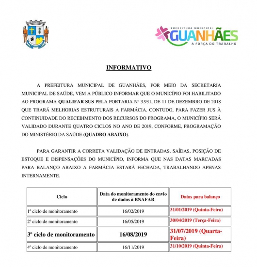 ATENÇÃO USUÁRIOS DE GUANHÃES: Farmácia Central não vai funcionar nesta quarta, 31 de julho