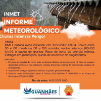 Inmet publica alerta de perigo, indicando chuvas intensas para Guanhães nas próximas horas