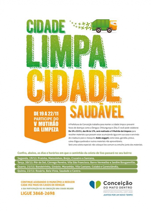 Conceição do Mato Dentro também vai realizar Mutirão da Limpeza contra o Aedes Aegipty