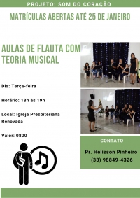 PROJETO SOM DO CORAÇÃO: Abertas as inscrições para aulas de flauta gratuitas em Guanhães