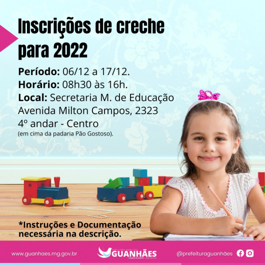 Município de Guanhães anuncia período de inscrições da creche para o ano de 2022