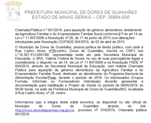 CHAMADA PÚBLICA 001/2019 - DORES DE GUANHÃES