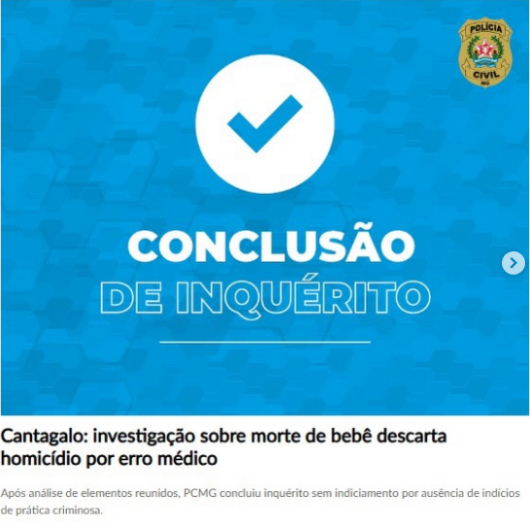 CANTAGALO: Investiga&ccedil;&atilde;o sobre morte de beb&ecirc; descarta homic&iacute;dio por erro