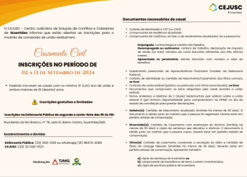 GUANHÃES: Inscrições para a celebração coletiva de conversão de União Estável em Casamento terminam nesta sexta
