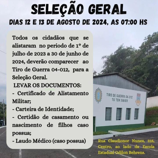 TG 04-012 convoca jovens que alistaram para informar sobre a data da seleção geral