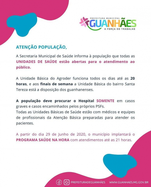 PROGRAMA SAÚDE NA HORA: Unidades de Saúde de Guanhães ficarão abertas até às 21h a partir do dia 29 de junho