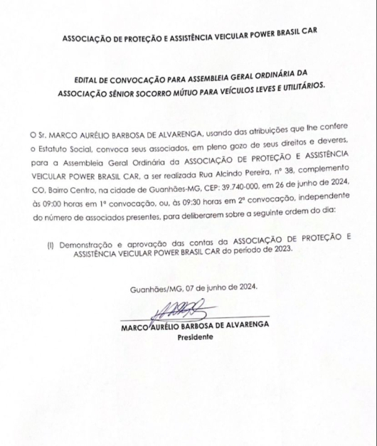 EDITAL DE CONVOCAÇÃO PARA ASSEMBLÉIA GERAL ORDINARIA DA ASSOCIAÇÃO SÊNIOR SOCORRO MÚTUO PARA VEÍCULOS E UTILITÁRIOS