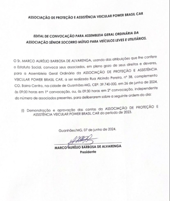 EDITAL DE CONVOCA&Ccedil;&Atilde;O PARA ASSEMBL&Eacute;IA GERAL ORDINARIA DA ASSOCIA&Ccedil;&Atilde;O S&Ecirc;NIOR SOCORRO M&Uacute;TUO PARA VE&Iacute;CULOS E UTILIT&Aacute;RIOS