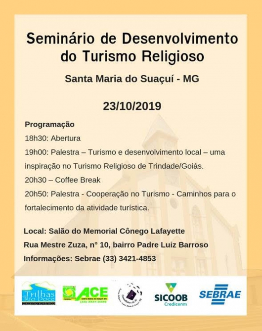 Seminário de Desenvolvimento do Turismo Religioso do Sebrae acontece nesta quarta em Santa Maria do Suaçuí