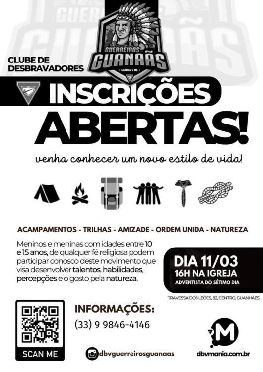 GUANHÃES: Inscrições para o Clube de Desbravadores devem ser feitas até este sábado (11)