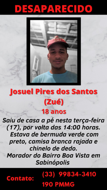 Família procura por jovem desaparecido em Sabinópolis