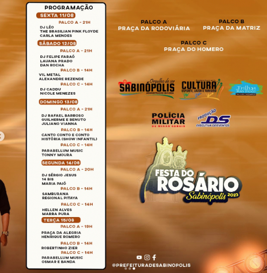 SABINÓPOLIS: Divulgada programação da tradicional Festa do Rosário