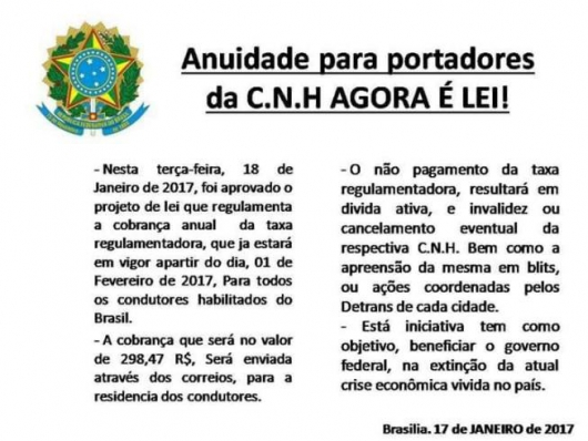 Ministério alerta para mensagem falsa sobre cobrança de anuidade de CNH