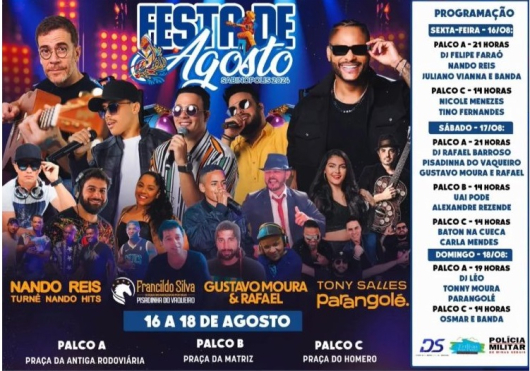 SABINÓPOLIS: Programação musical da Festa de Agosto começa nesta sexta-feira, 16 de agosto
