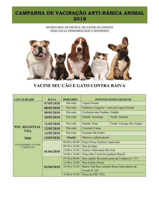 Campanha de vacinação contra a raiva animal será antecipada em Guanhães