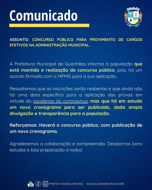 GUANHÃES: Concurso Público será mantido e inscrições serão reabertas, informa administração municipal