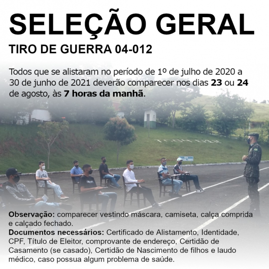 GUANHÃES: TG 04-012 convoca jovens que se alistaram recentemente, para seleção geral de atiradores