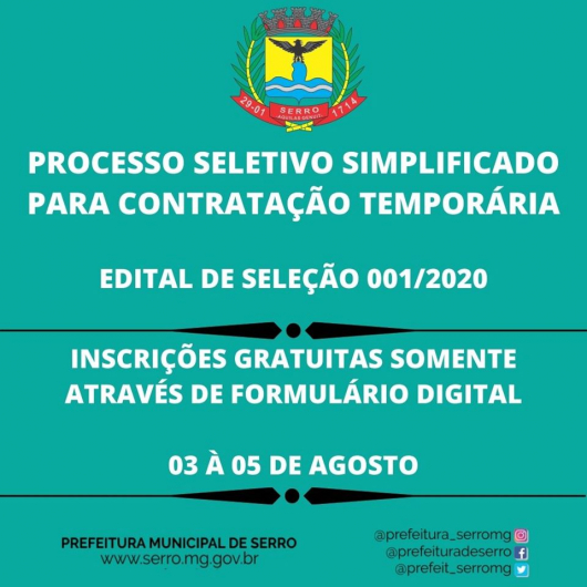 OPORTUNIDADE: Serro abre processo seletivo para contratação de Educador Social, Técnico de Enfermagem e Enfermeiro