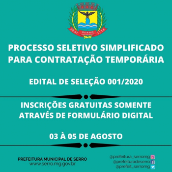 OPORTUNIDADE: Serro abre processo seletivo para contratação de Educador Social, Técnico de Enfermagem e Enfermeiro
