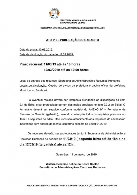 Divulgado o gabarito oficial do processo seletivo 01/2019 com vagas destinadas à Prefeitura de Guanhães