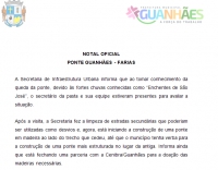 Município Guanhães divulga nota em resposta às demandas sobre a ponte que foi levada pelas chuvas no distrito de Farias