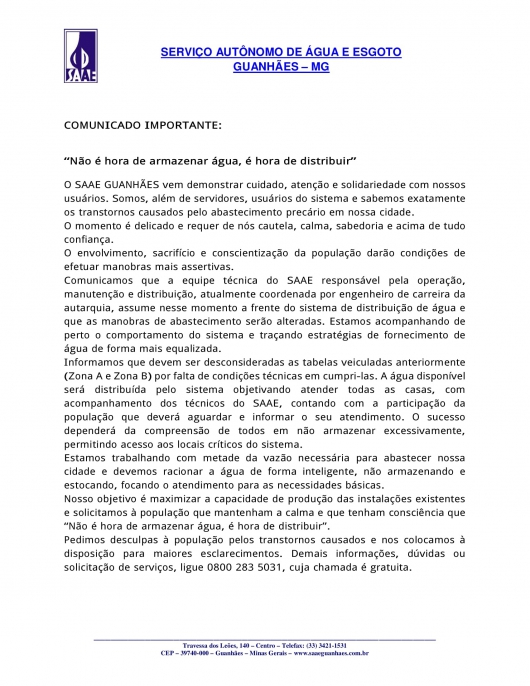 SAAE altera sistema de abastecimento e informa que cronogramas divulgados anteriormente devem ser desconsiderados