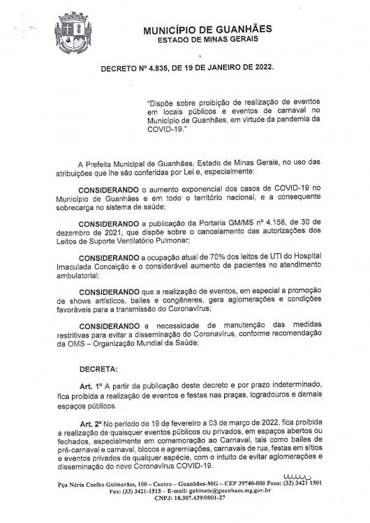 Município de Guanhães publica novo edital que dispõe sobre proibição de eventos em praças públicas e Carnaval na cidade