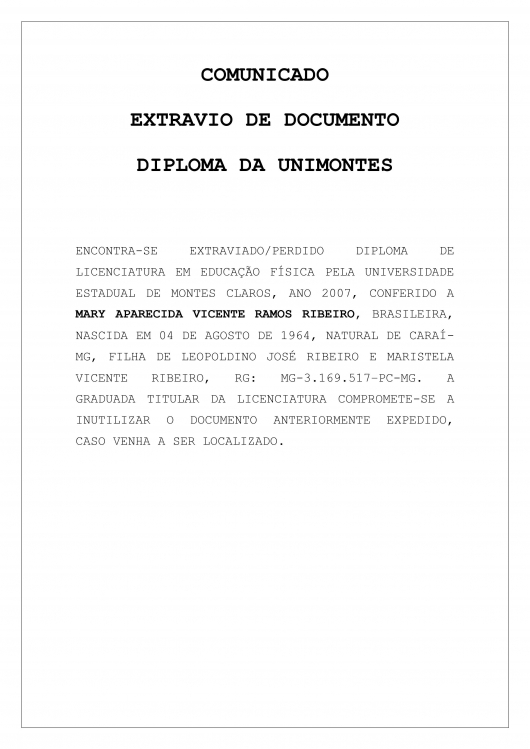 COMUNICADO - EXTRAVIO DE DOCUMENTO  DIPLOMA DA UNIMONTES