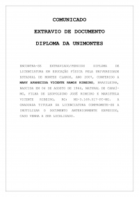 COMUNICADO - EXTRAVIO DE DOCUMENTO  DIPLOMA DA UNIMONTES