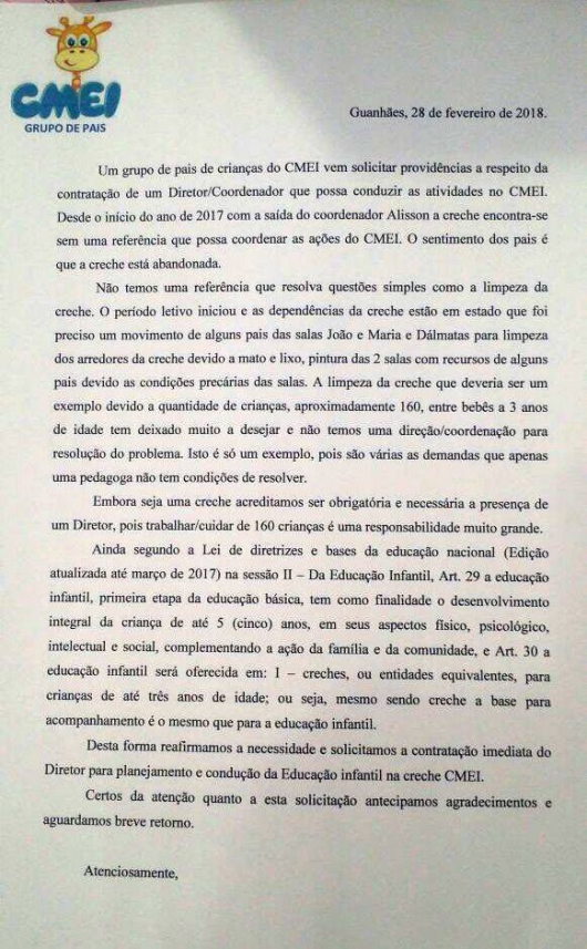 GUANHÃES: Pais de alunos do CMEI escrevem carta ao município solicitando a contratação de um Diretor/Coordenador