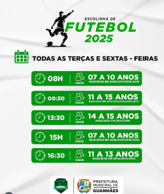 ATENÇÃO PAIS E RESPONSÁVEIS: Escolinha de Futebol gratuita para crianças e adolescentes de 07 a 15 anos começa a partir desta terça em Guanhães
