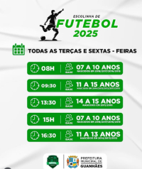 ATENÇÃO PAIS E RESPONSÁVEIS: Escolinha de Futebol gratuita para crianças e adolescentes de 07 a 15 anos começa a partir desta terça em Guanhães