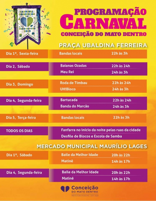 Conceição do Mato Dentro divulga programação do Carnaval 2019