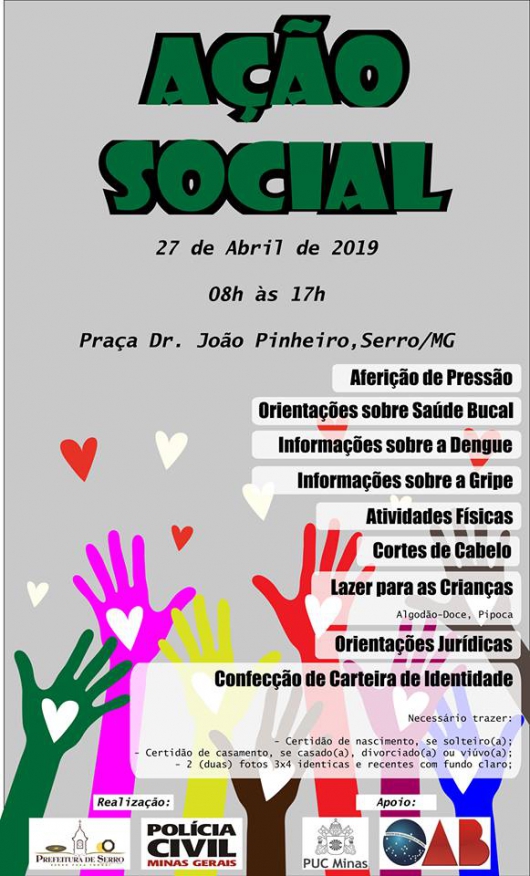 SERRO: Ação Social com atividades gratuitas será promovida no próximo sábado para a comunidade Serrana