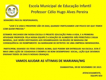 Solidariedade: Escola Diamantinense promove Campanha de Doação em prol dos desabrigados de Mariana