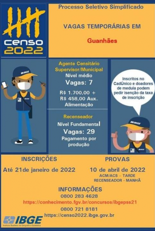 21 DE JANEIRO: IBGE prorroga período de inscrições para Processo Seletivo simplificado do Censo 2022