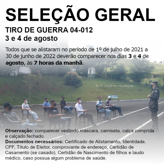 GUANHÃES: TG 04-012 convoca jovens para seleção geral do Tiro de Guerra