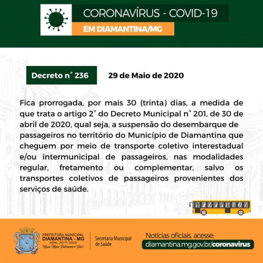 Diamantina prorroga por mais 30 dias a suspensão do desembarque de passageiros em território municipal