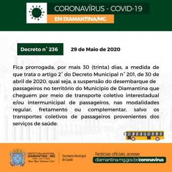 Diamantina prorroga por mais 30 dias a suspensão do desembarque de passageiros em território municipal