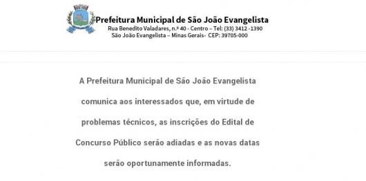 Prefeitura Municipal de São João Evangelista adia inscrições para concurso público